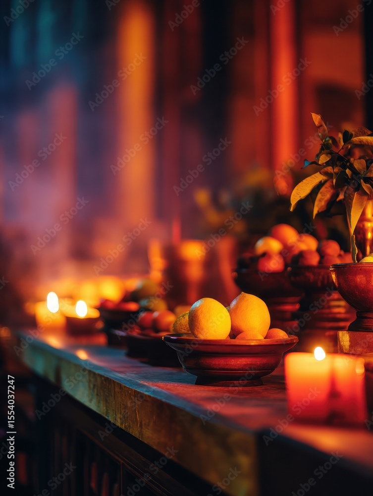 Poster a vibrant display of fruits and candles on a rustic table in a warm, atmospheric setting