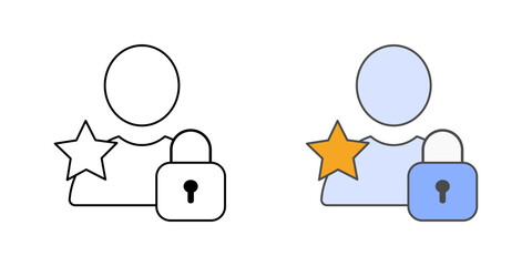 Privileged user account icon with user, star, and lock, in outline and color styles, ideal for illustrating high-level account access, administrator roles, and secure IT permission management.