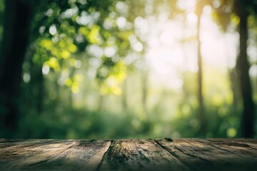 Sunlit forest bokeh background with rustic wooden planks in foreground