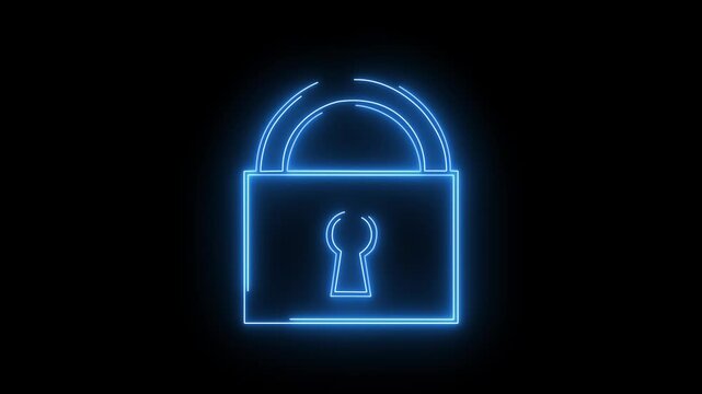 Glowing neon line Lock icon isolated on black background. padlock logo animation. Luminous and glowing neon sign. Symbols password open and closed for data security online. Locksmith store.