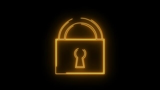 Glowing neon line Lock icon isolated on black background. padlock logo animation. Luminous and glowing neon sign. Symbols password open and closed for data security online. Locksmith store.