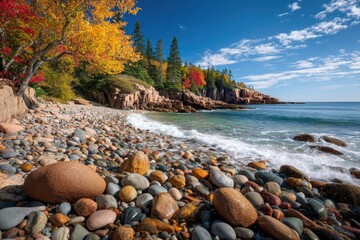 Rocky beach with colorful pebbles, autumn foliage, and ocean waves under a bright blue sky