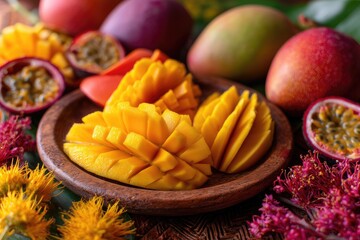 Sliced mango on wooden plate, surrounded by passion fruit and other tropical fruits