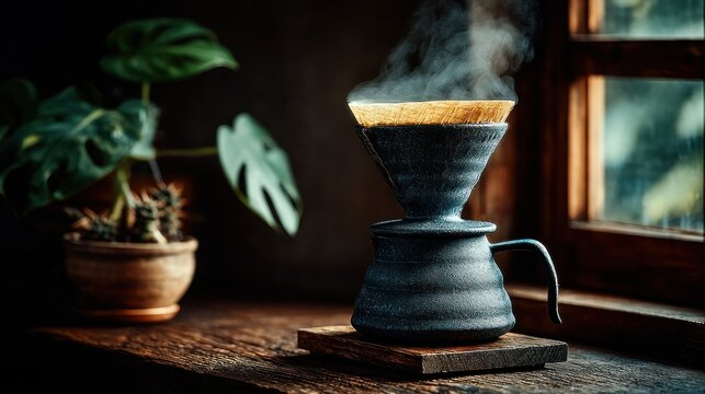 Dark ceramic coffee dripper steaming on windowsill
