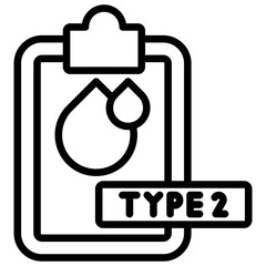 Icon depicts a clipboard with a document containing blood type two data referring to diabetes mellitus a chronic condition characterized by high blood sugar levels.