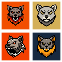 Obraz premium Four stylized wolf head illustrations in square frames with varying color schemes and expressions