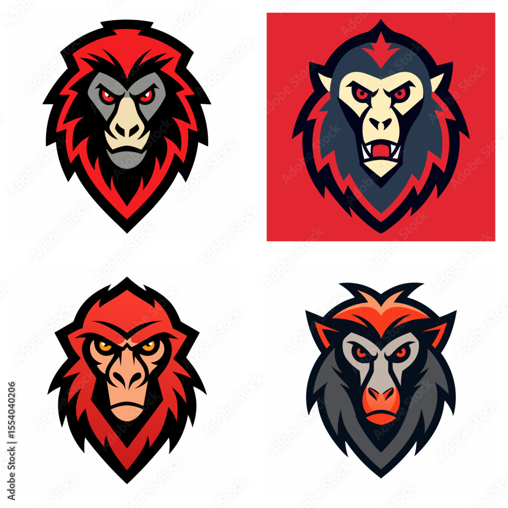Aufkleber collection of four stylized monkey head logos in red and gray color schemes with angry expressions