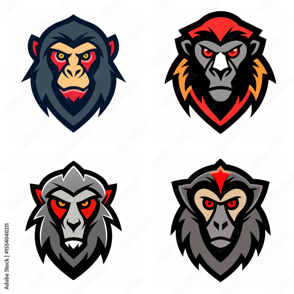 Poster Four monkey head logos with varied color schemes and aggressive expressions displayed in a grid format