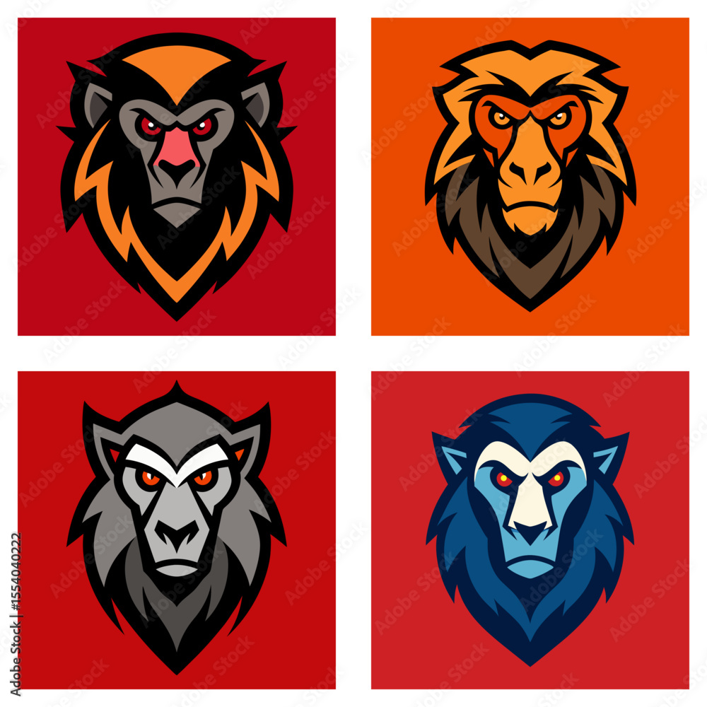 Poster four monkey head logos with different color schemes and angry expressions in a square format design