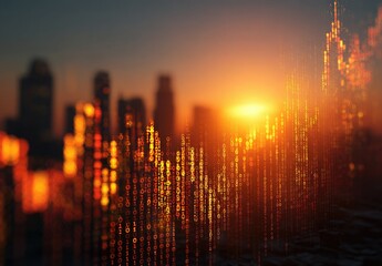 Cityscape at sunset, overlaid with rising data graph