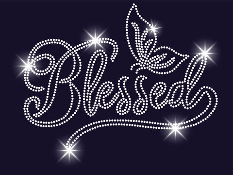 Blessed Rhinestone Typography with Butterfly Design. The elegant "Blessed" word is in rhinestone style with butterfly wings, and it is perfect for shirts, prints, and crafts.