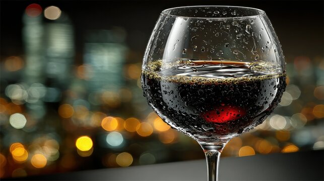 Dark drink in a stemmed glass, city lights out of focus