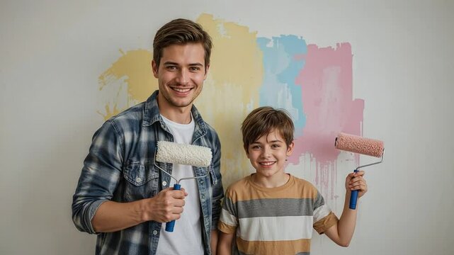 Cheerful Father and Son Painting Wall Together – Colorful DIY Home Moment in Candid Realism