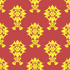 Gold abstract vintage damask seamless pattern. Design an ikat pattern on a red background. Ideas for wallpaper, wrapping, and textiles. Victorian style. Baroque style.