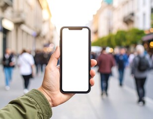 Smartphone held in hand, city background