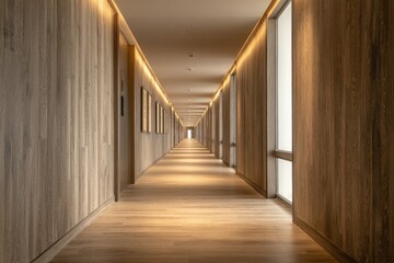 Long, light-filled corridor with wood walls and floor, leading to a distant light source