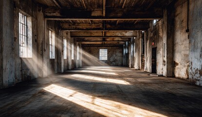 Sunbeams illuminate an empty, aged industrial hall