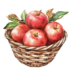 Basket Filled Fresh Apples, watercolor clipart vector, isolated on a white background.