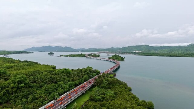 Aerial view of San Juanico Bridge, connecting Leyte to Samar over lush vegetation and water.