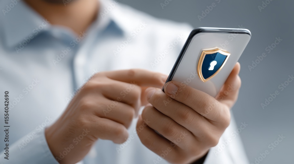 Poster man holding mobile phone with shield, protecting data and ensuring cyber security in digital age