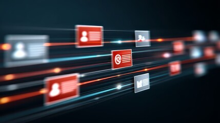 Abstract representation of secure data transmission and network security with user profiles and security warnings.