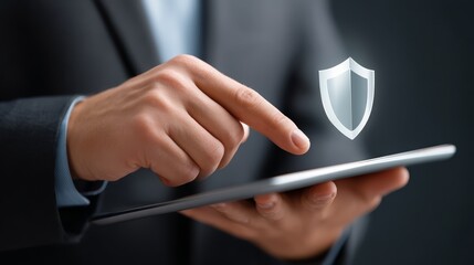 Cybersecurity concept, businessman in suit safeguarding data with shield security icon on tablet, ensuring digital protection.