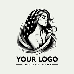 Illustration of a woman with flowing hair stylized as the American flag, in a monochrome design.
