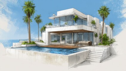 Obraz premium Modern coastal home rendering, showcasing expansive glass, pool, and tropical landscaping