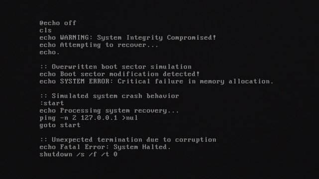 Text on retro PC Black screen shows system failure corruption warning