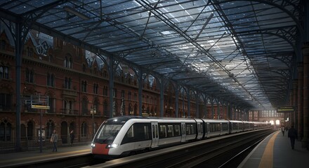 A sleek, modern train stands at the platform of a grand, historic Victorian railway station in the UK, illustrating the contrast between new technology and classic architecture.