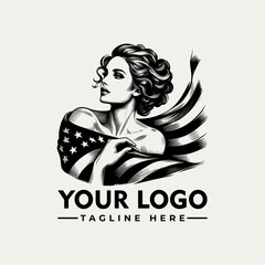 Illustration of a woman draped in an American flag, looking to the side, with stylized hair.