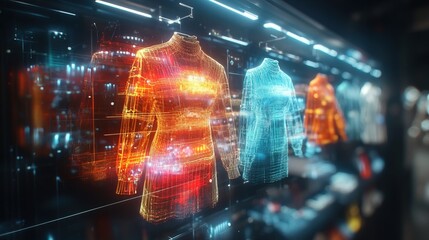 A holographic fashion store, glowing digital clothing shifting in mid-air 