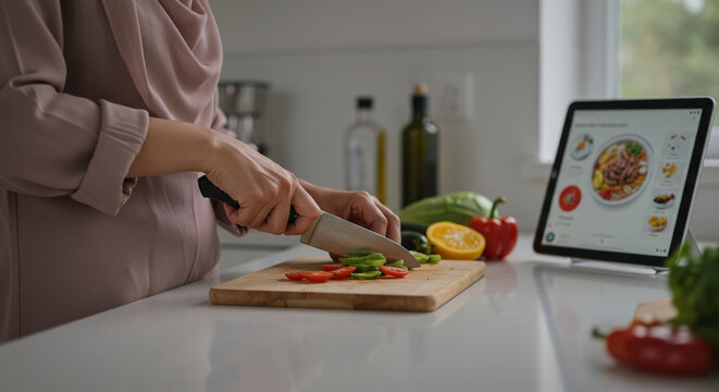 Pregnant woman cooking healthy meal with smart recipe tablet