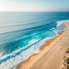 Minimalist Aerial View of a Blue Ocean Wave Breaking on a Sandy Beach