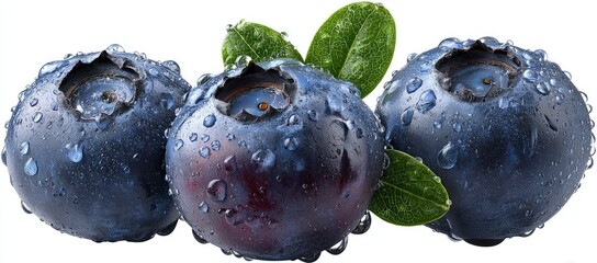 Fresh blueberries with water droplets and leaves