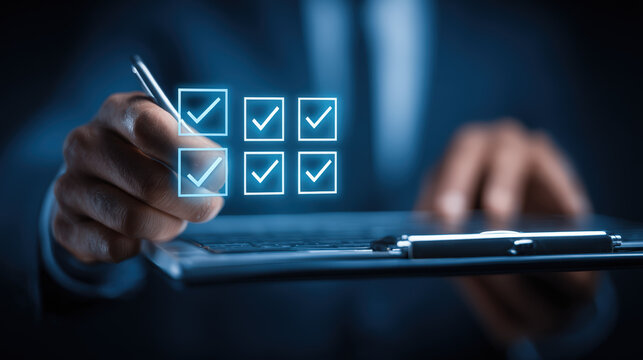 Business Executive Typing on Laptop with Digital Task Checklist