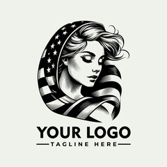 A stylized black and white logo featuring a woman with flowing hair draped in an American flag.