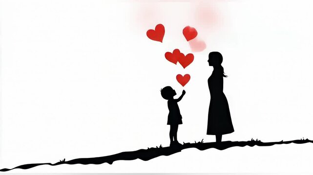 A silhouette of a mother and child sharing love with floating hearts above.