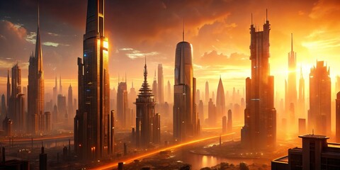 Obraz premium Futuristic Cityscape at Sunset