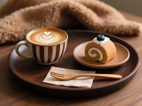 Cozy Coffee & Cake Moment &ndash; Artisan Latte in Striped Mug with Creamy Swiss Roll