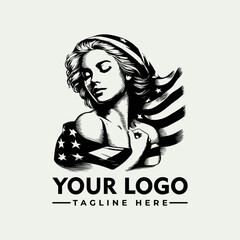 Woman draped in American flag with closed eyes, logo placeholder below.