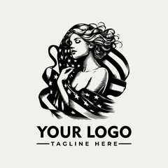 A stylized, black and white logo featuring a woman draped in an American flag.