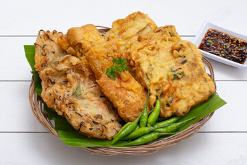 Gorengan bakwan, Bala-bala, Tahu isi and tempeh with chili and spicy soy sauce Indonesian food