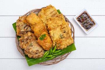 Gorengan bakwan, Bala-bala, Tahu isi and tempeh with chili and spicy soy sauce Indonesian food