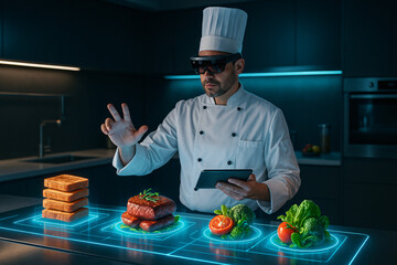 A chef in a futuristic kitchen uses AR glasses to interact with holographic food. High-tech cooking with glowing surfaces and 3D food displays.
