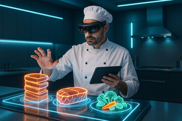 A chef in a futuristic kitchen uses AR glasses to interact with holographic food. High-tech cooking with glowing surfaces and 3D food displays.