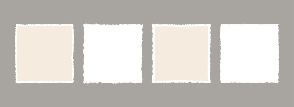 Torn paper frame backgrounds. Jagged edge paper sheet wallpapers. Beige and white ripped grunge element bundle for poster, text box, banner, collage, sticker. Vector blank square craft backdrops