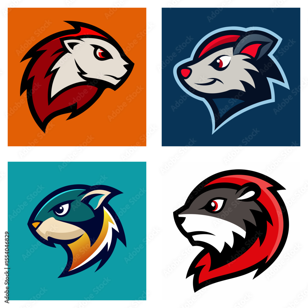 Poster Four stylized animal head logos in square frames with different color schemes and design variations