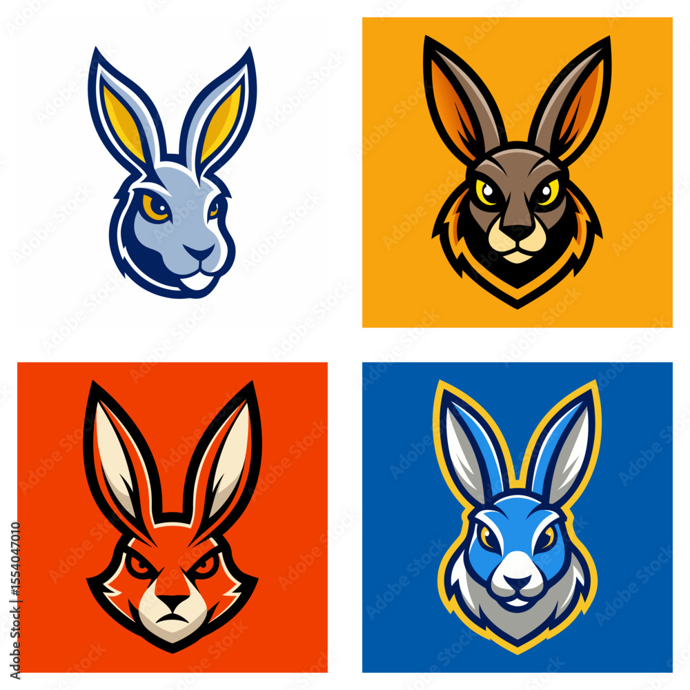 Poster illustration featuring four stylized rabbit heads with different color schemes and aggressive expres