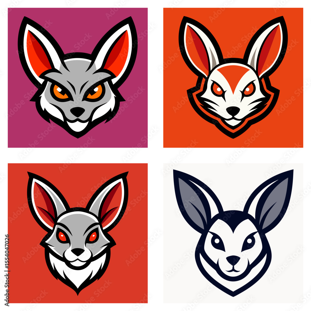 Aufkleber four stylized rabbit head illustrations with different color schemes and background shades set in sq